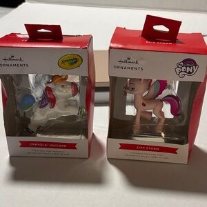 Hallmark Crayola Unicorn and My Little Pony Ornaments - Red and Pink set of 2